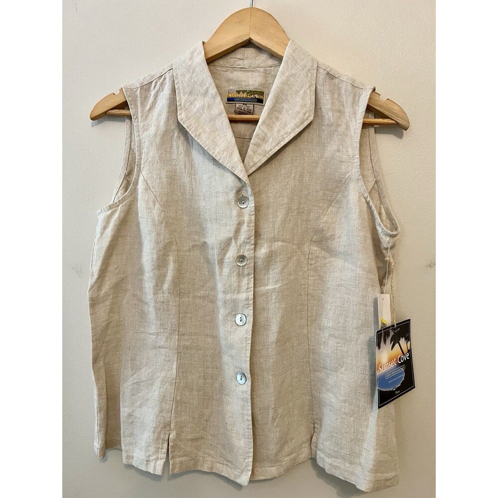 NWT Sunset Cove Petite Medium Women's Button-Down Collared Linen Vest Top Y2k